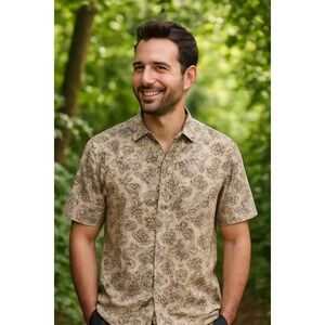 Bruno‎ Men's Leaf Print Short Sleeve Button Up Shirt, Large, Rayon